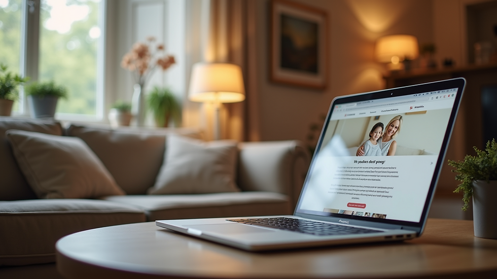 Eye-level view of a cozy living room with a laptop open on parenting resources