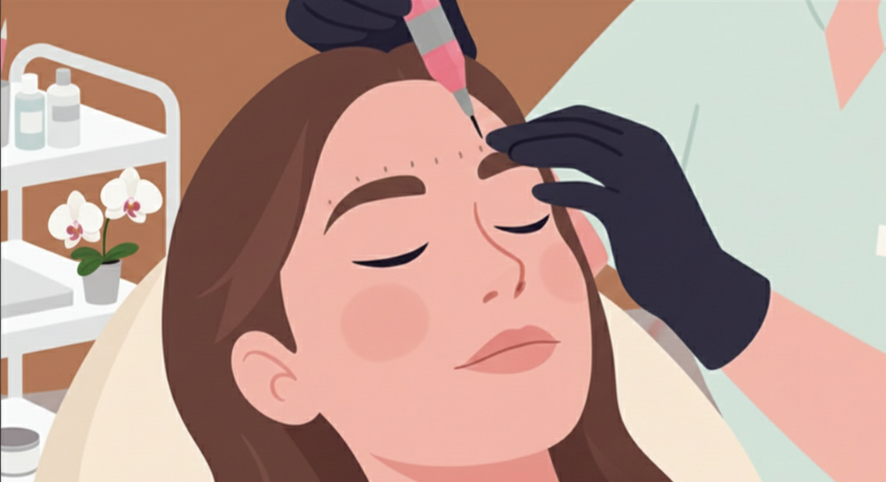 A client relaxes as the artist performs a BBStroke/microblading touch-up, refining brows, refreshing color, and enhancing shape with precision gloves in a clean, calm studio for a natural, defined look.