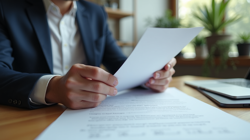 Close-up view of a business owner reviewing a consultant’s proposal document