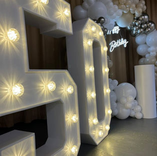 Large LED light up number 50 at a birthday party in Kent with balloon display 