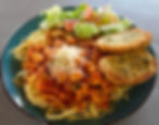 Spaghetti and Meat Sauce with Garlic Bread and Garden Salad