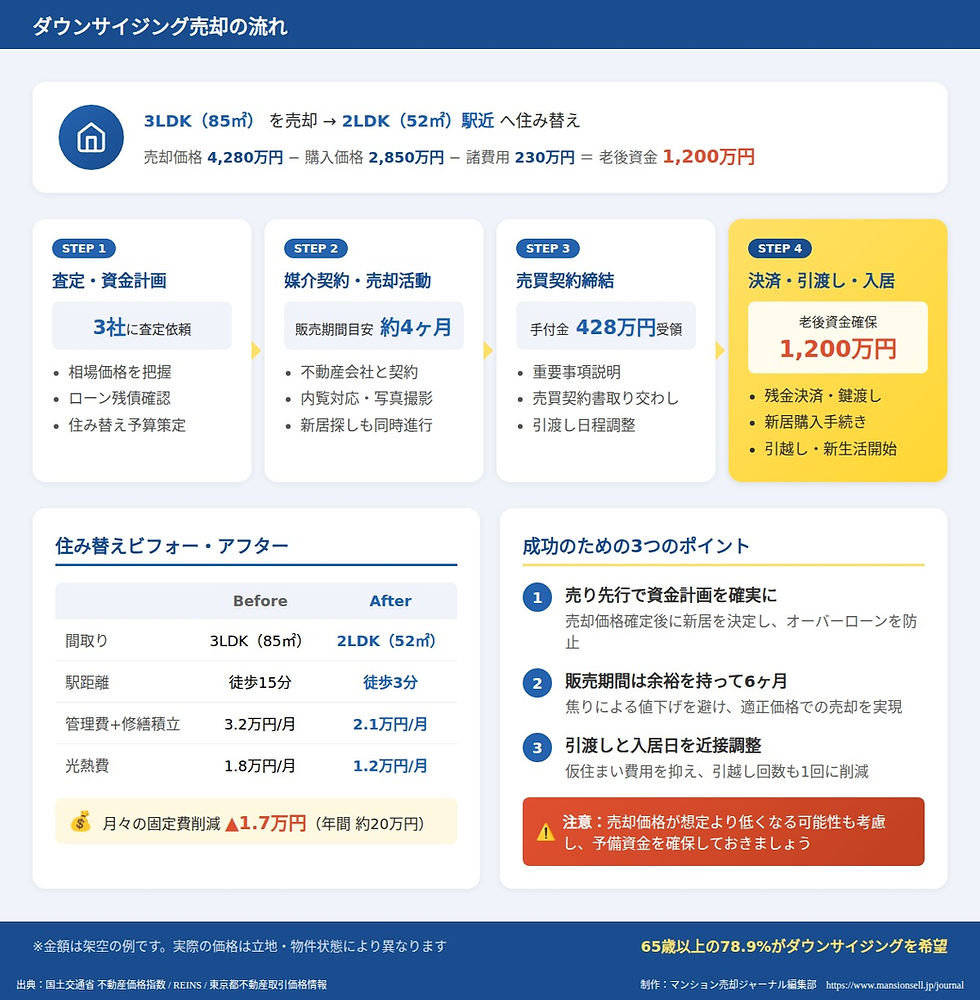 子ども独立後のマンション売却から住み替えまでの流れ図