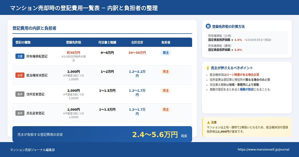 マンション売却時の登記費用内訳と負担者の比較表