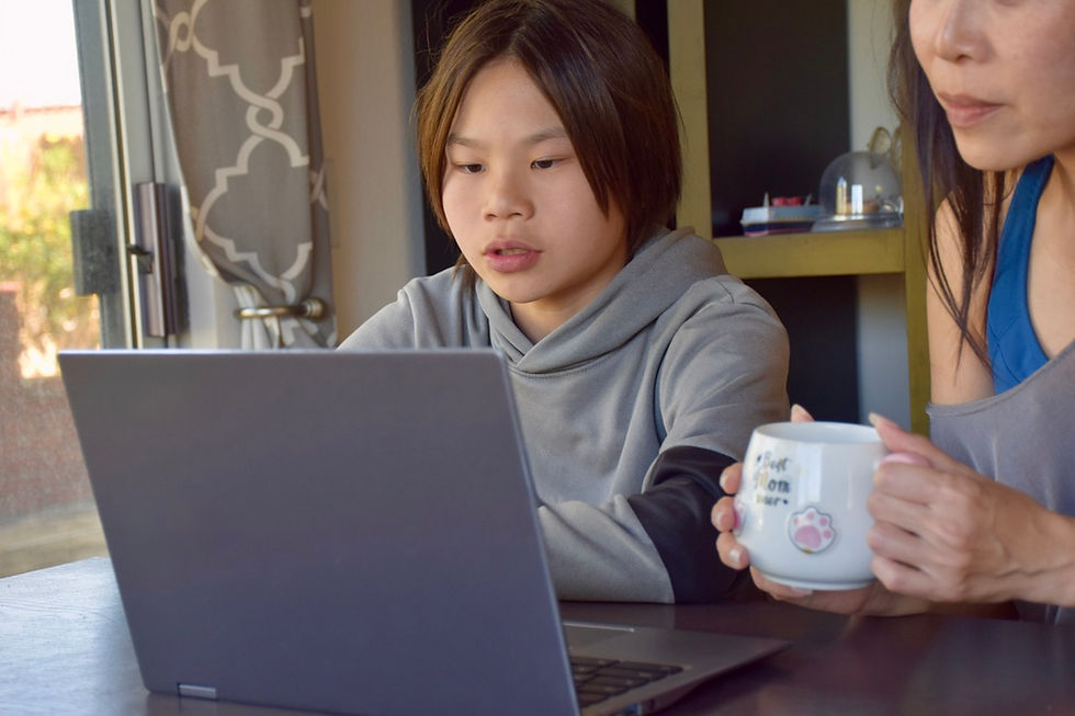 A tween boy sit in front of a laptop with his mother. 