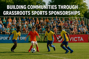 Community-level sports event with families watching and kids playing, surrounded by branded sponsorship banners.