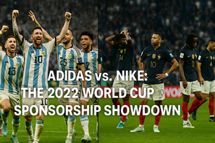 Split stadium visual of Argentina in Adidas celebrating versus France in Nike kits, symbolizing the 2022 World Cup sponsorship battle.