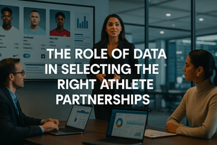 Brand manager reviewing data analytics to choose the perfect athlete partner, with visual dashboards and metrics displayed.