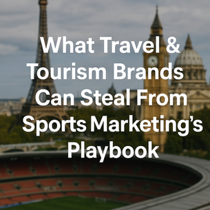 A travel brand strategist studying a sports marketing campaign playbook for inspiration