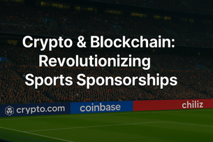 Digital illustration of a stadium showcasing crypto sponsorships with fan-filled stands and blockchain brand banners.