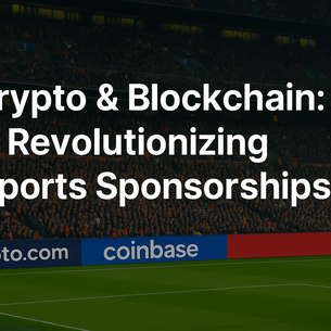 Digital illustration of a stadium showcasing crypto sponsorships with fan-filled stands and blockchain brand banners.