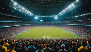 Eye-level view of a vibrant sports stadium filled with cheering fans