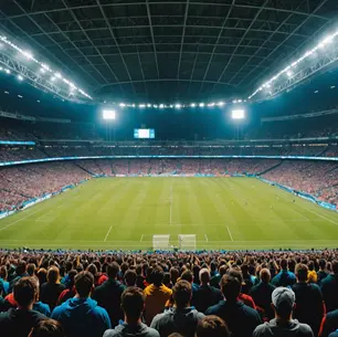 Eye-level view of a vibrant sports stadium filled with cheering fans