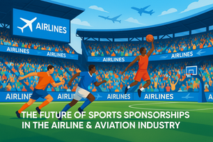Digital illustration of a sports stadium with airline sponsorship branding and fans, blending aviation and sports marketing.