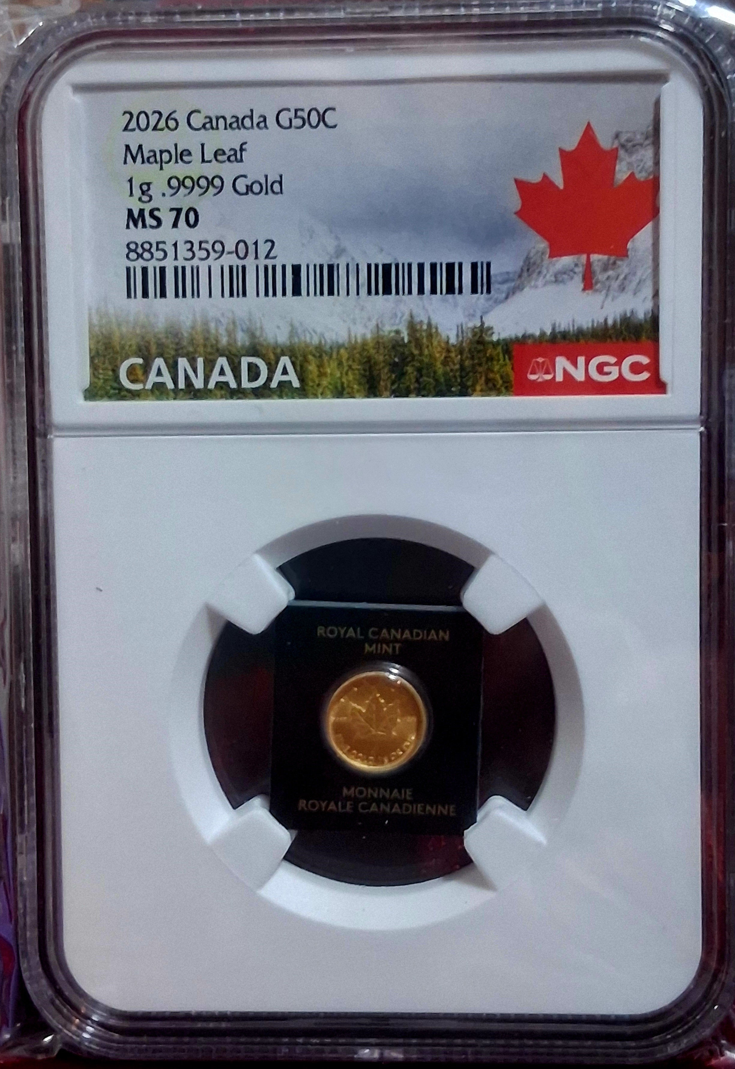 2026 1g .9999Gold Maple Leaf MS70