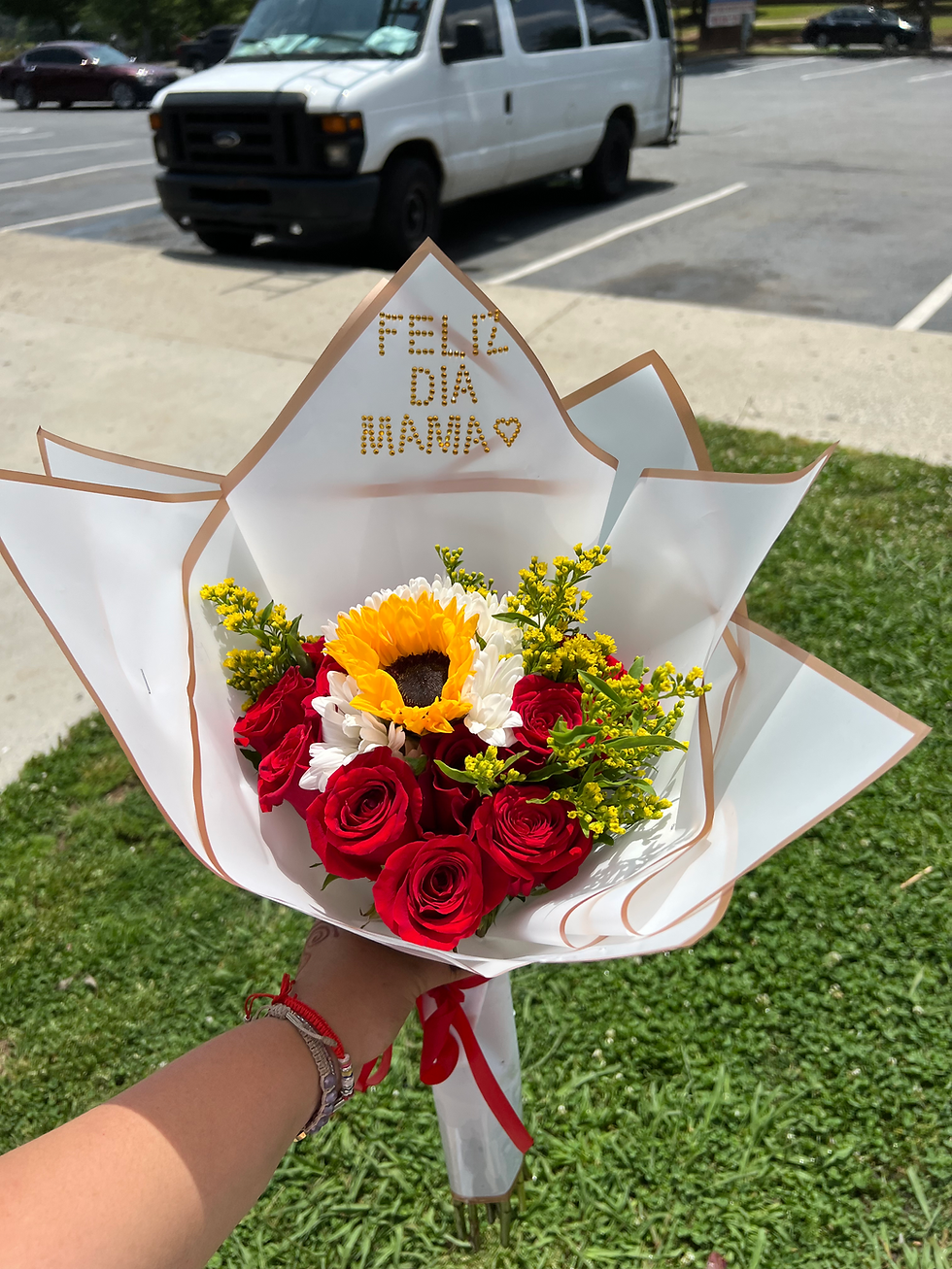 Red rose Bouquet with sunflower and personalized message on white bouquet paper