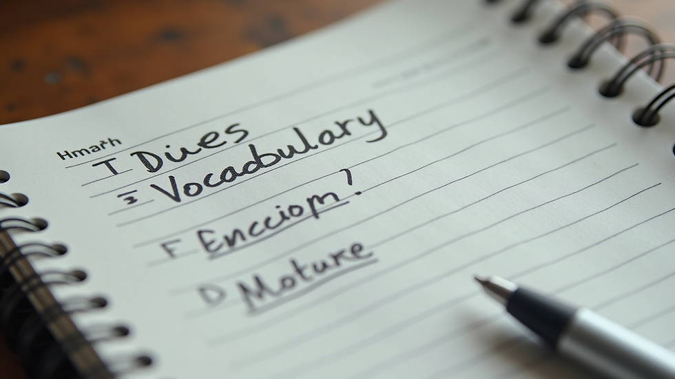 Close-up view of a notebook with English vocabulary notes