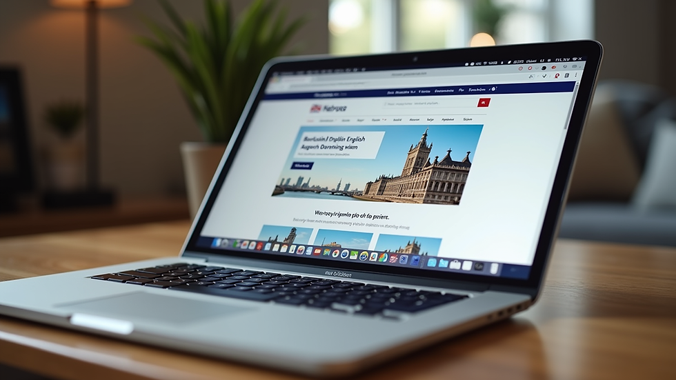 Eye-level view of a laptop showing a British English learning website