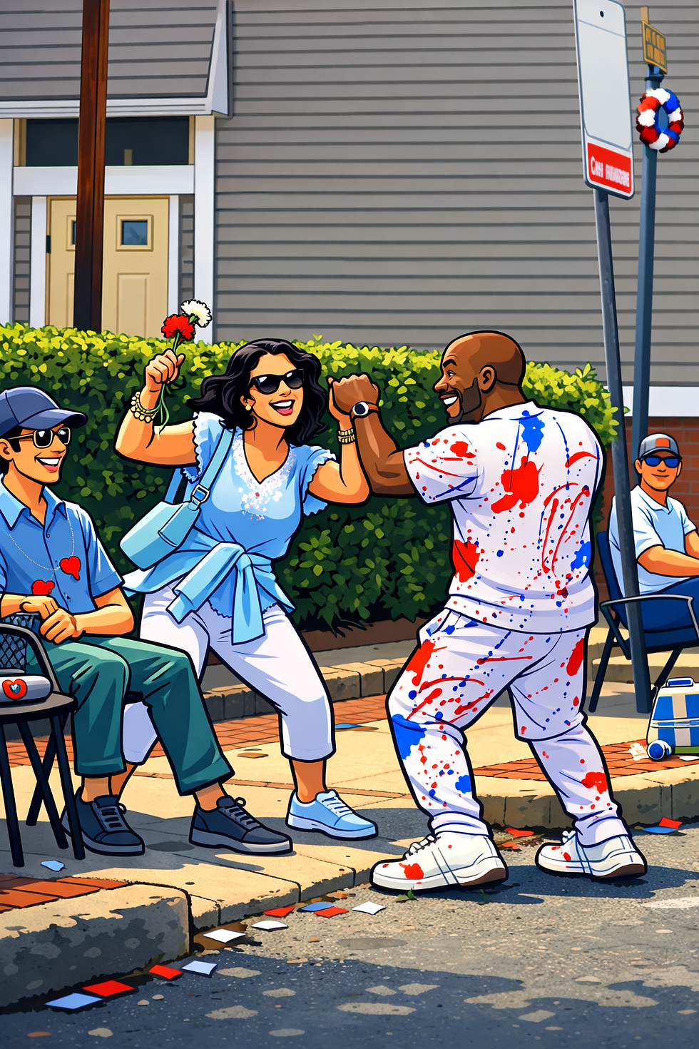 The Parade Man live performance in Massachusetts community parade setting, clean family-friendly multi-genre performer connecting with diverse audience through music-driven engagement and interactive stage presence.