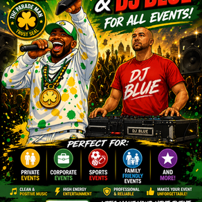 Cartoon flyer promoting The Parade Man and DJ Blue for booking at private, corporate, sports, school, festival, parade, nonprofit, and family-friendly events in Massachusetts. Features clean music, live hosting, professional DJ services, and a QR code linking to www.TheParadeMan.com