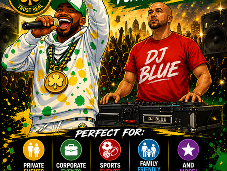 Cartoon flyer promoting The Parade Man and DJ Blue for booking at private, corporate, sports, school, festival, parade, nonprofit, and family-friendly events in Massachusetts. Features clean music, live hosting, professional DJ services, and a QR code linking to www.TheParadeMan.com