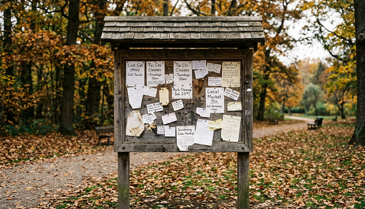 Eye-level view of a park noticeboard with handwritten notes and leaves nearby.