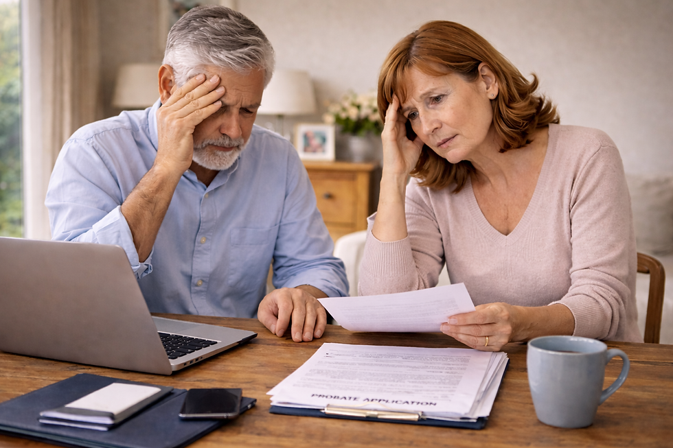 A couple reviewing probate application paperwork at home in England, looking concerned about delays in the process.
