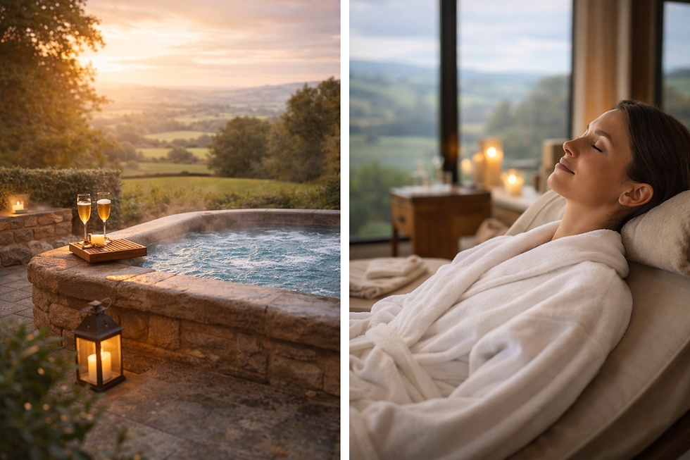 Two images - one on the left of an outdoor hot tub in the Cotswolds with a setting sun behind and two glasses of sparkling wine next to the water. The right hand photo shows a lady in a white robe relaxing at a spa with the Cotswolds countryside visible behind her.