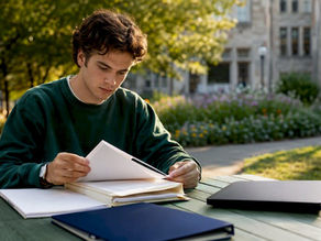 Student arranging transfer documents on table