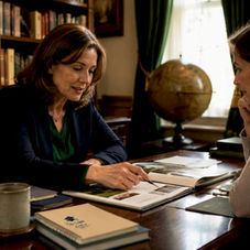 College counselor advising student and parent in office