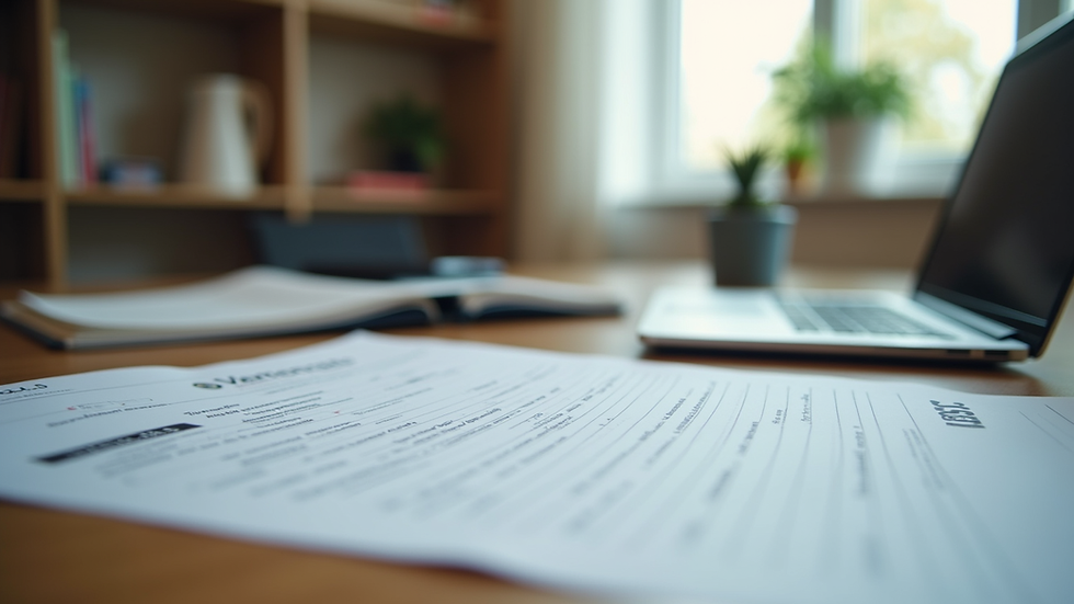 Eye-level view of a college counselor’s desk with application forms and a laptop