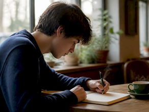 Student writing college essay draft