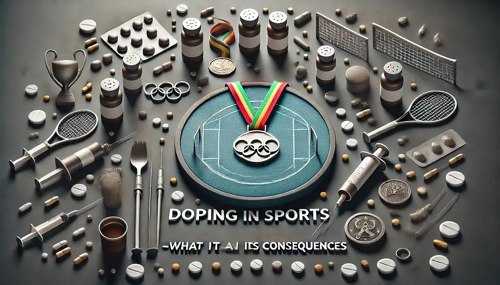 Uma imagem com uma medalha olímpica e varios objetos paa doping