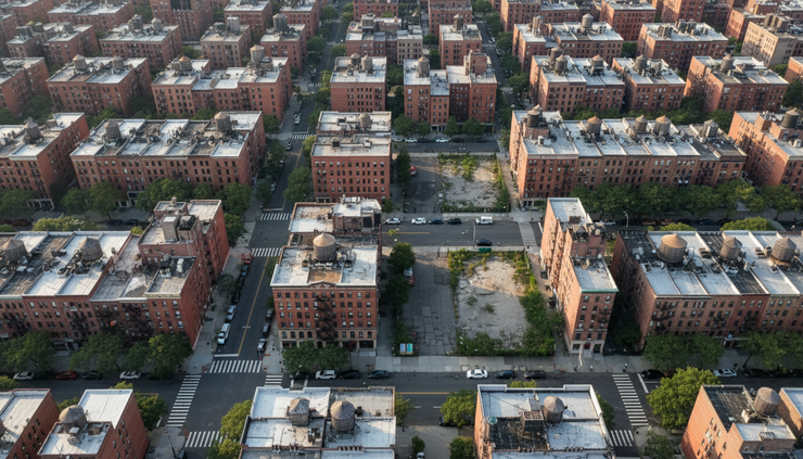 Overhead view of New York City blocks with apartment buildings and small vacant lots.