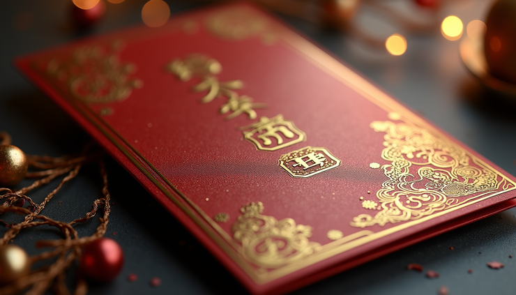 Close-up view of a luxury Asian event invitation with intricate design