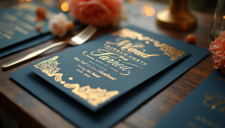 High angle view of a personalized event invitation suite with elegant calligraphy and gold accents