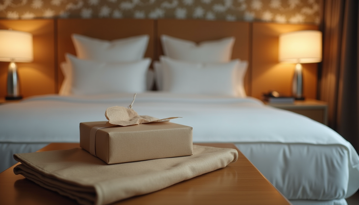 Close-up view of a personalized welcome package on a hotel room desk