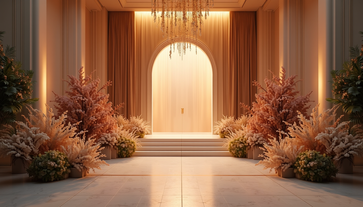 Eye-level view of an elegantly decorated event entrance with soft lighting and floral arrangements