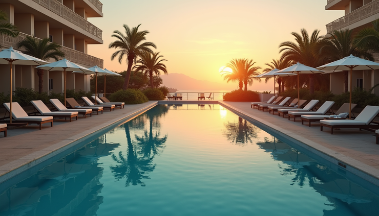 High angle view of a serene hotel pool area at sunset
