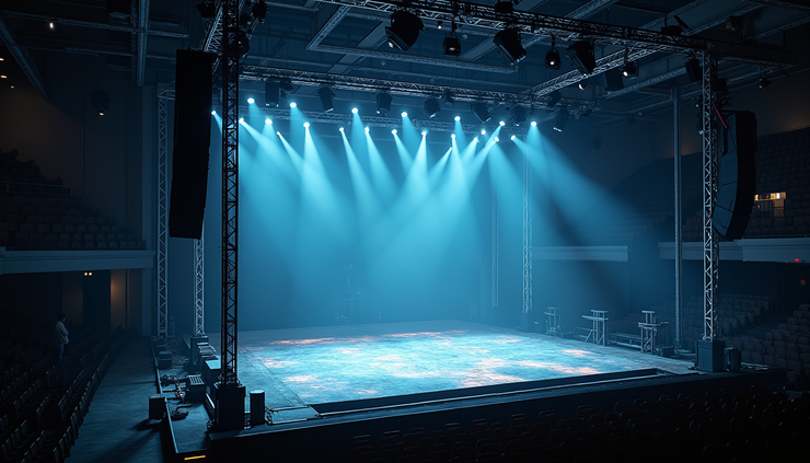 High angle view of a stage being constructed with lighting rigs and scaffolding inside a large event hall