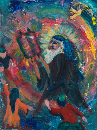 Religious imagery depicts an elder uplifting a Torah as children dance around him and a peace dove soars overhead.