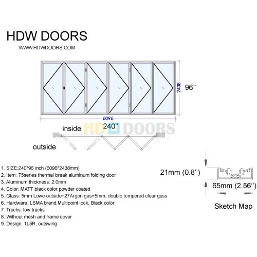 Thumbnail: Aluminum Bifold Door 240″Wx96″H – OUT SWING FROM EXTERIOR VIEW
