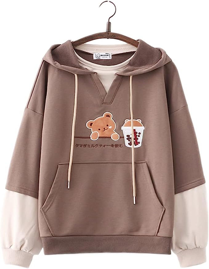 Cute Hoodie- Kawaii Milk Tea Bear Embroidery