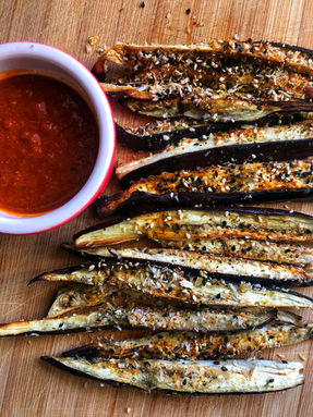 Hot aubergine crisps and red miso dip feta and rocket recipe
