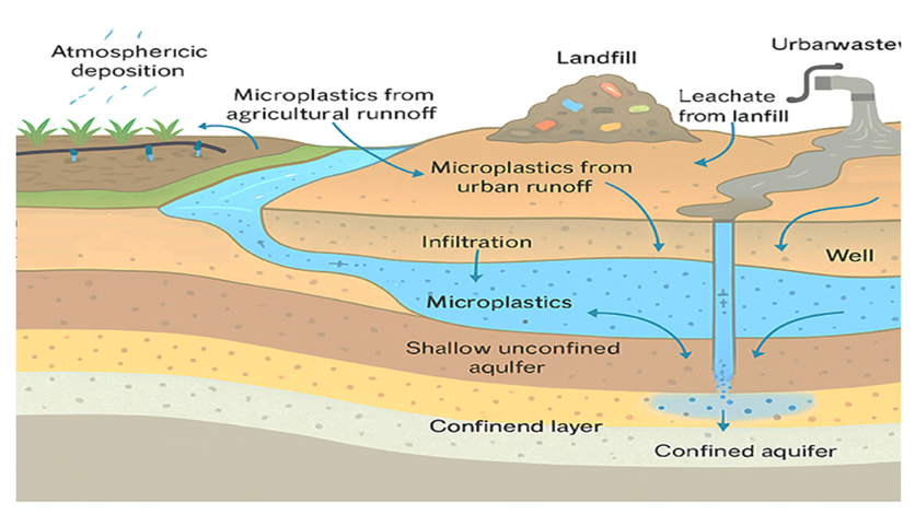 Figure 1.. Major sources and transport pathways of microplastics to groundwater. (Sumam et al., 2026)