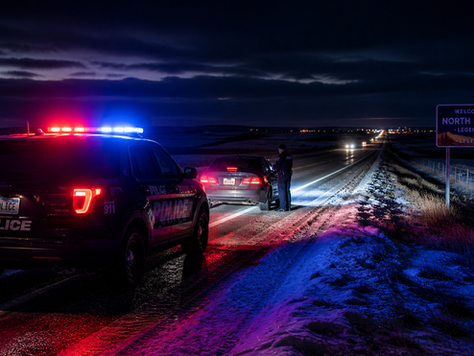 DUI traffic stop on a rural North Dakota highway at night with police lights and snow