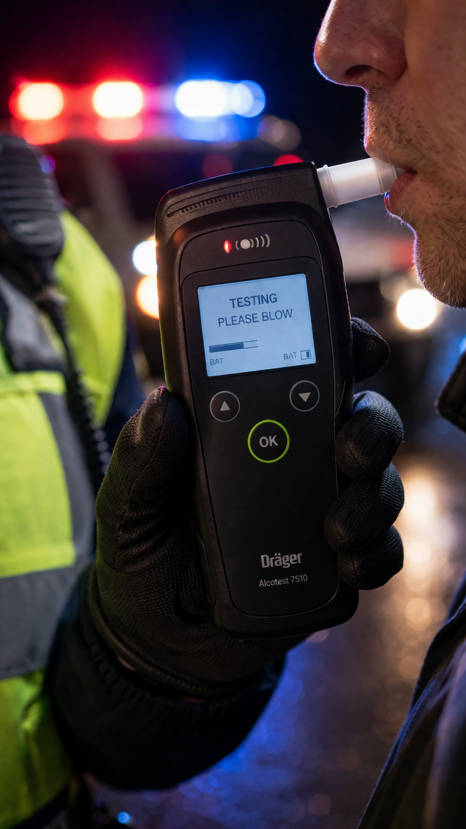 Person blowing into a handheld breathalyzer device while police lights flash in the background