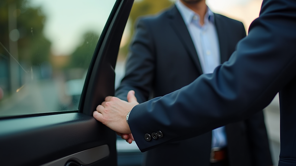 Close-up view of a chauffeur opening a car door for a business professional