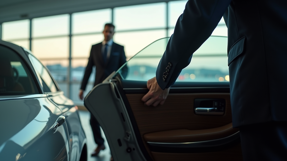 Close-up view of a chauffeur opening the door of a luxury car at an airport