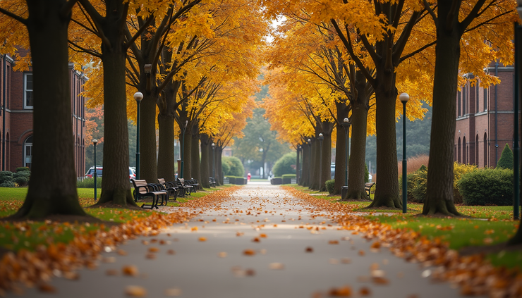 Eye-level view of a university campus pathway lined with trees and benches