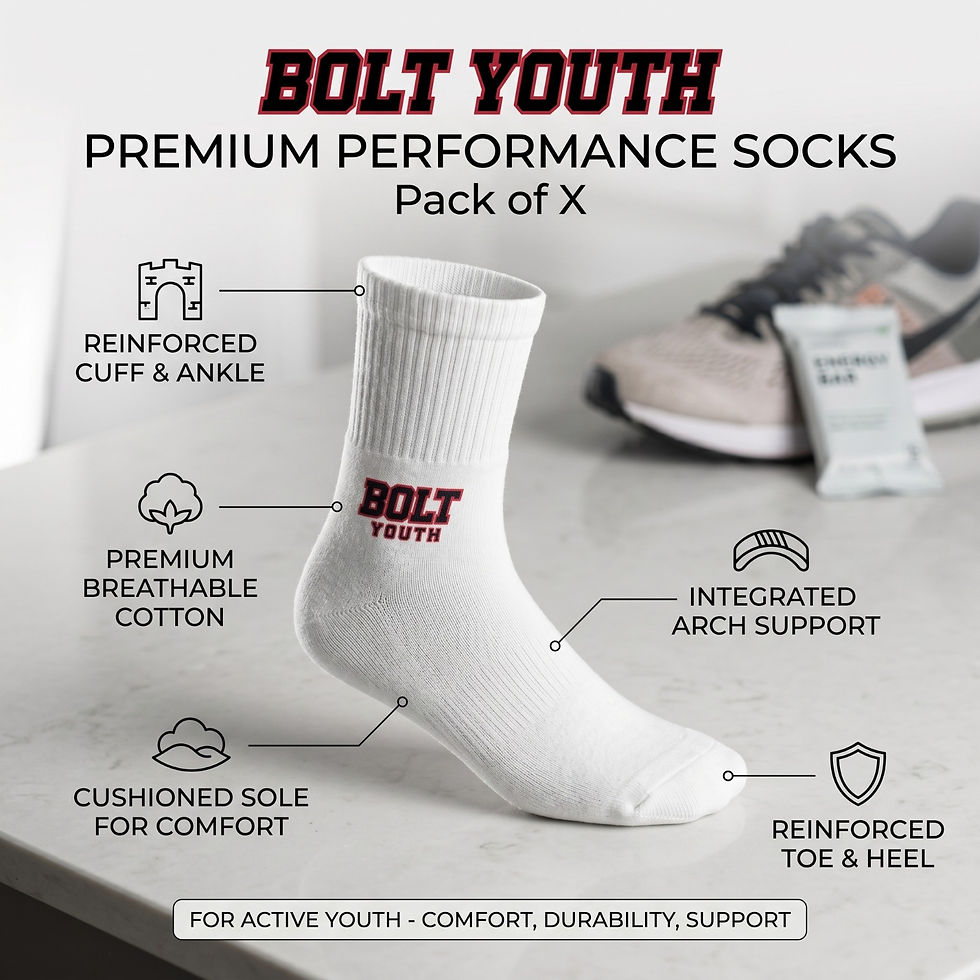 Thumbnail: BOLT YOUTH  Premium Cotton Crew Socks – White Unisex Sports & Casual Wear